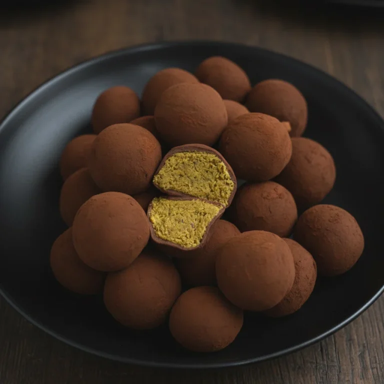 dubai jjondeuk cookie filled with kadayif and pistachio, covered with marshmallow dough and chocolate powder