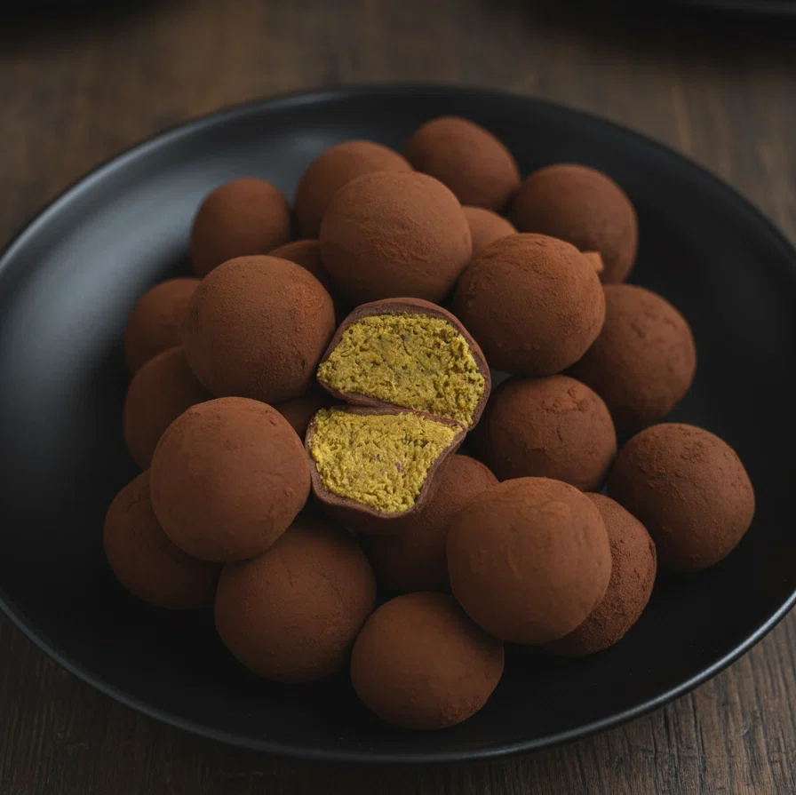 dubai jjondeuk cookie filled with kadayif and pistachio, covered with marshmallow dough and chocolate powder